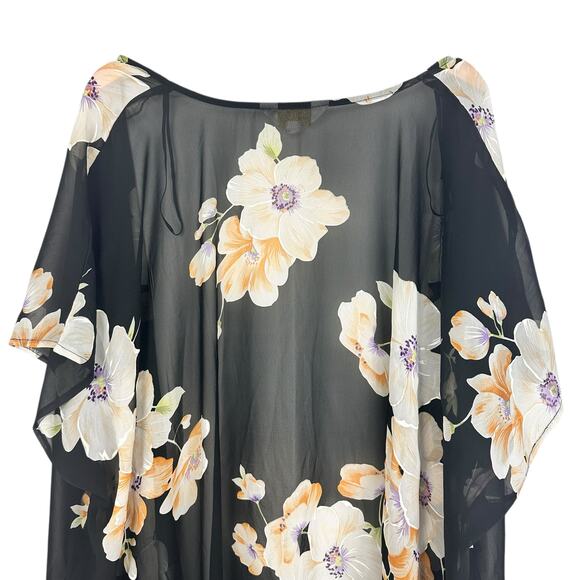 Pia Rossini Black Floral Kimono Tassel Seashells One Size Resortwear Boho Shawl - Picture 10 of 12